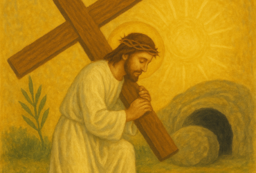 Illustration de Jésus portant la croix, devant le tombeau ouvert, un rameau en arrière plan.