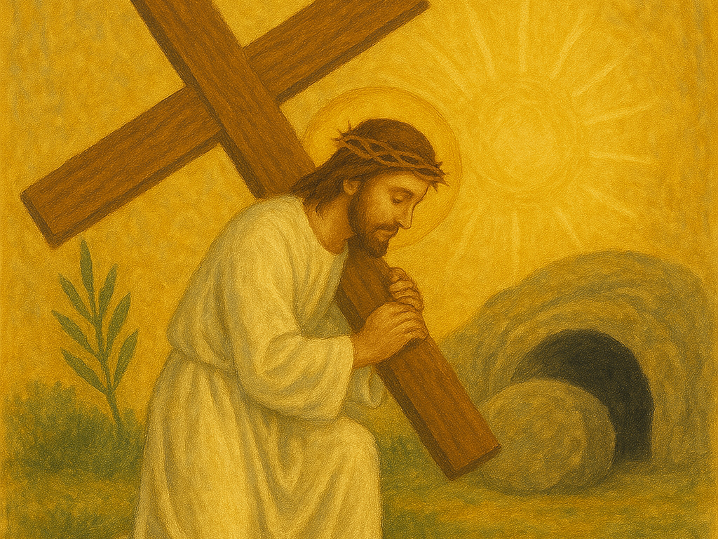 Illustration de Jésus portant la croix, devant le tombeau ouvert, un rameau en arrière plan.
